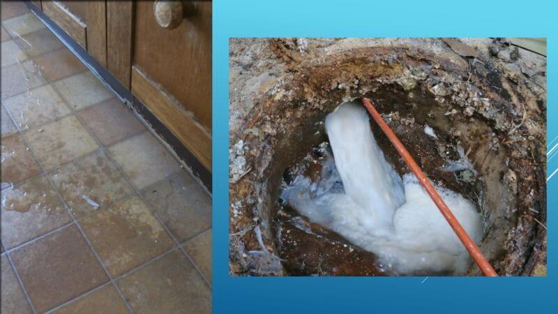 排水管の中に油の塊が詰まって水を流すとキッチンと床の間から水が出てくる現場を修理しました【西宮市でのキッチンつまり修理】