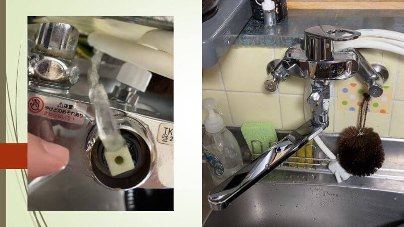キッチンの壁付け水栓（TKY01305JA）から水を出すとレバーの下から水が出てくると修理依頼がありました【宝塚市での蛇口水漏れ修理】