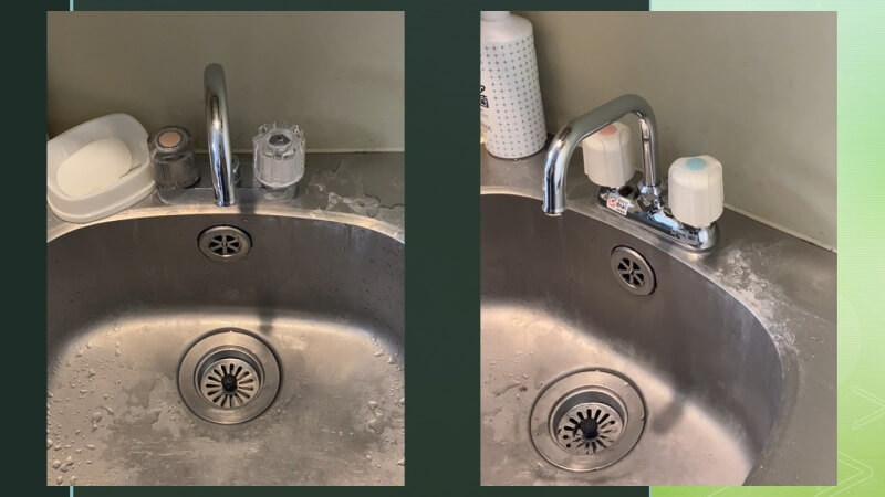 2ホール混合水栓の交換方法について解説します！蛇口から水を出すと音がするようになった症状の現場写真を使って解説しています