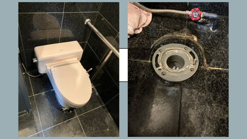 C406のガスケットの交換方法について解説します！便器と床の間から水漏れと便器のぐらつきがある現場の写真を使って解説しています